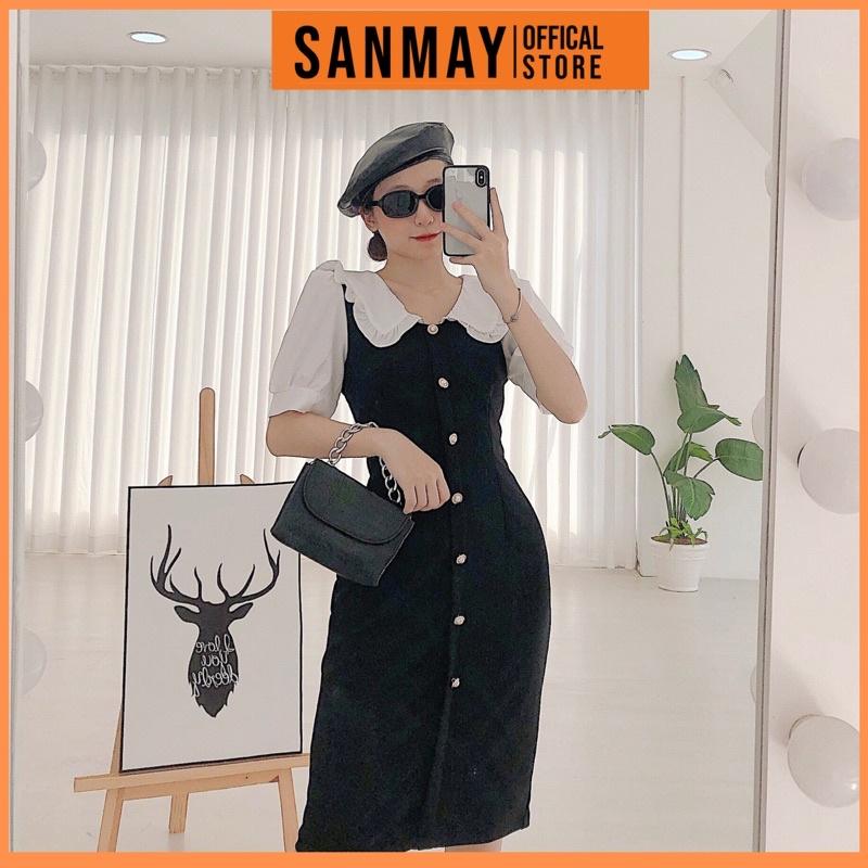 Đầm Dự Tiệc Sang Trọng SANMAY Váy Công Sở Nữ Cao Cấp Đi Cưới Thiết Kế Hàn Quốc Dáng Ôm Body Đen Cổ Trắng VD018