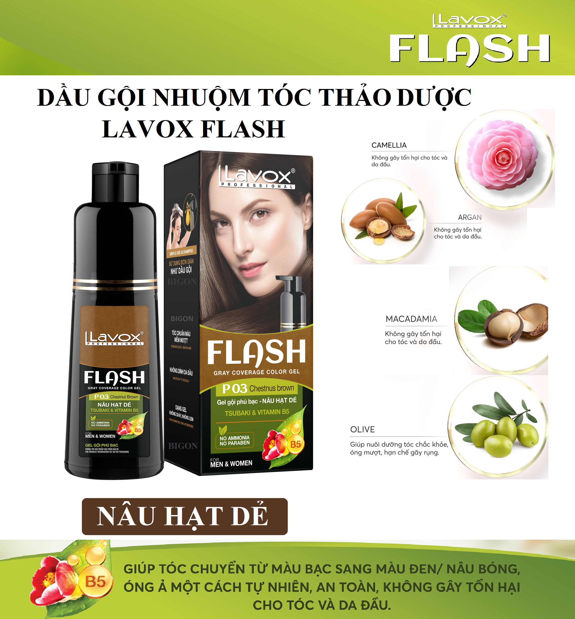 Dầu Gội Thảo Dược Nhuộm Tóc ĐEN/ NÂU PHỦ BẠC 100% SIÊU DƯỠNG LAVOX FLASH