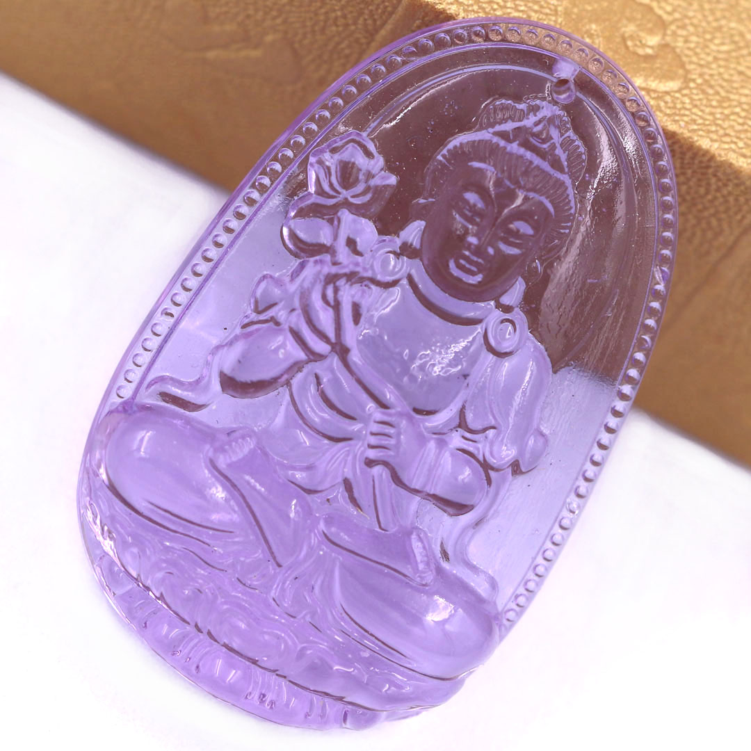 Mặt Phật Đại thế chí pha lê tím 3.6 cm kèm móc và vòng cổ dây cao su đen, Mặt Phật bản mệnh