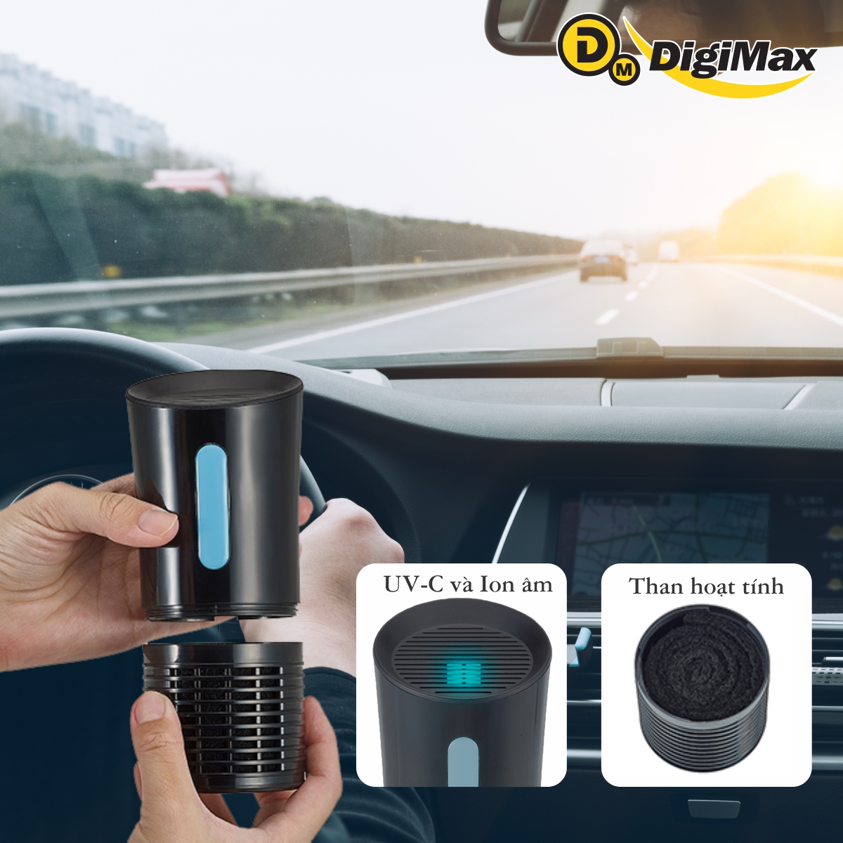 Máy diệt khuẩn 3 in 1 Digimax U-VC, Ion âm, lọc than hoạt tính, 20m2,10.000hr, nguồn USB 5V (DP-3EB)