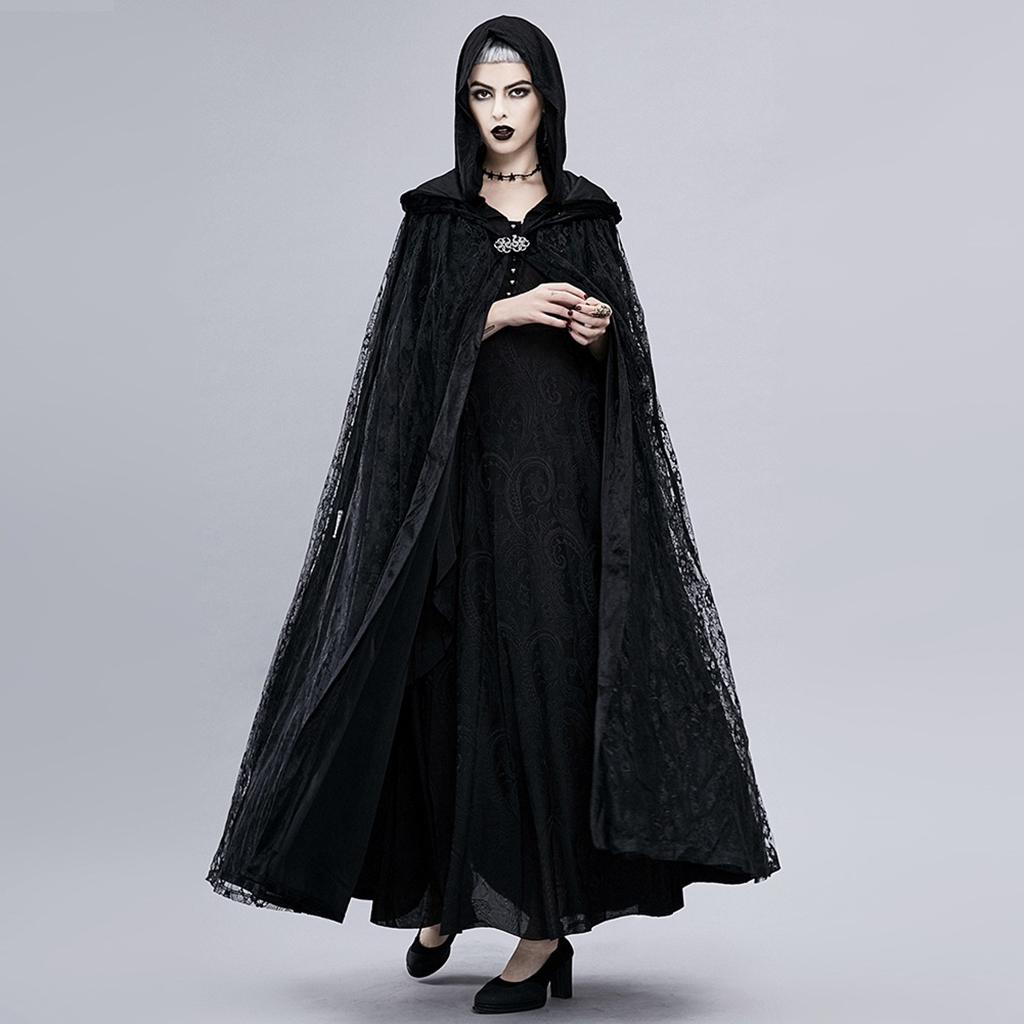 Gothic Vinatge Black Lace Witch Cape Cloak Hooded Fancy Dress Party Costume