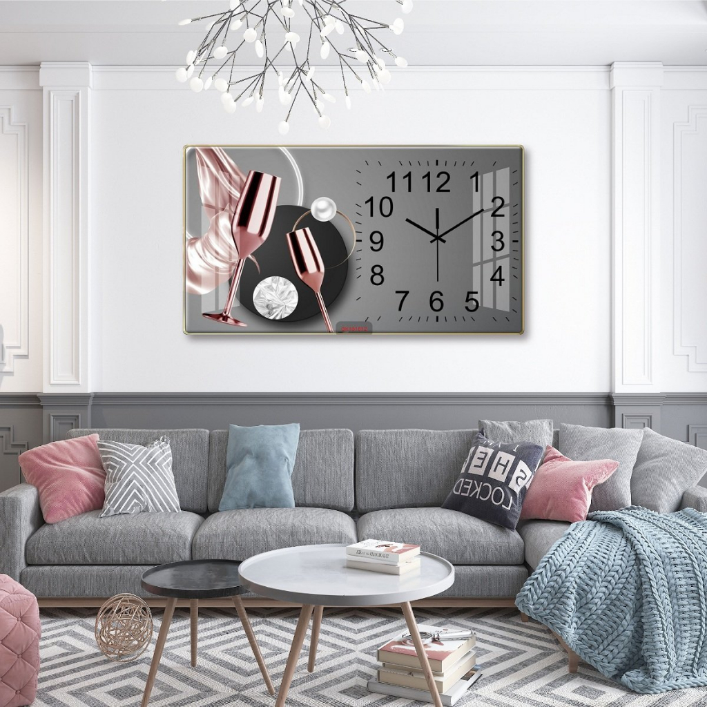 Tranh đồng hồ treo tường tráng gương ly hồng nghệ thuật tặng kèm đinh 3 chân