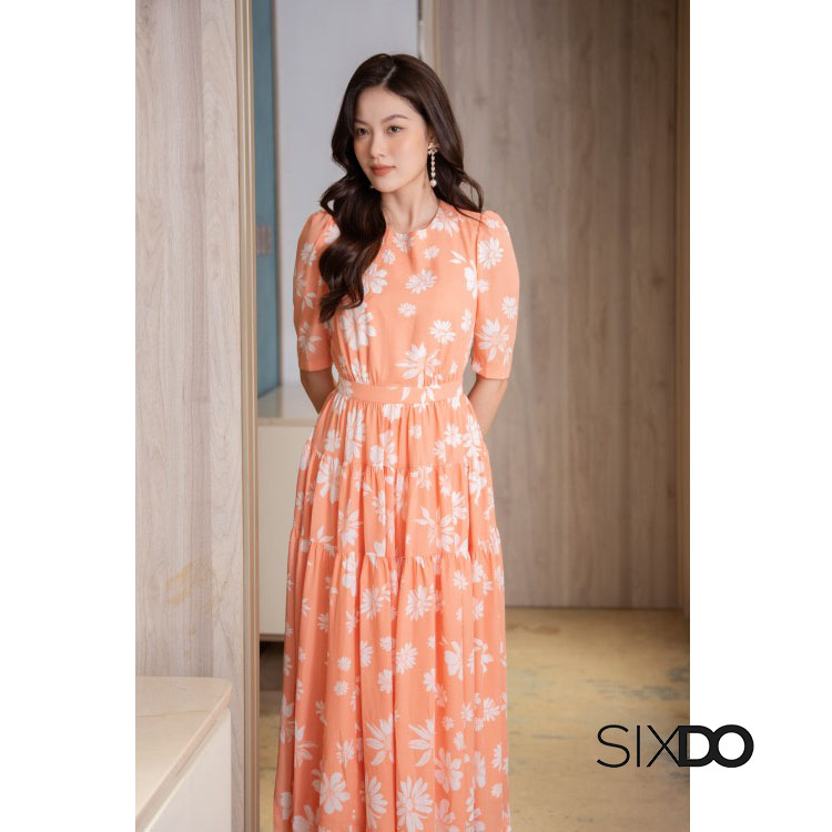 Đầm voan hoa tay lửng cổ tròn dáng xòe thời trang SIXDO