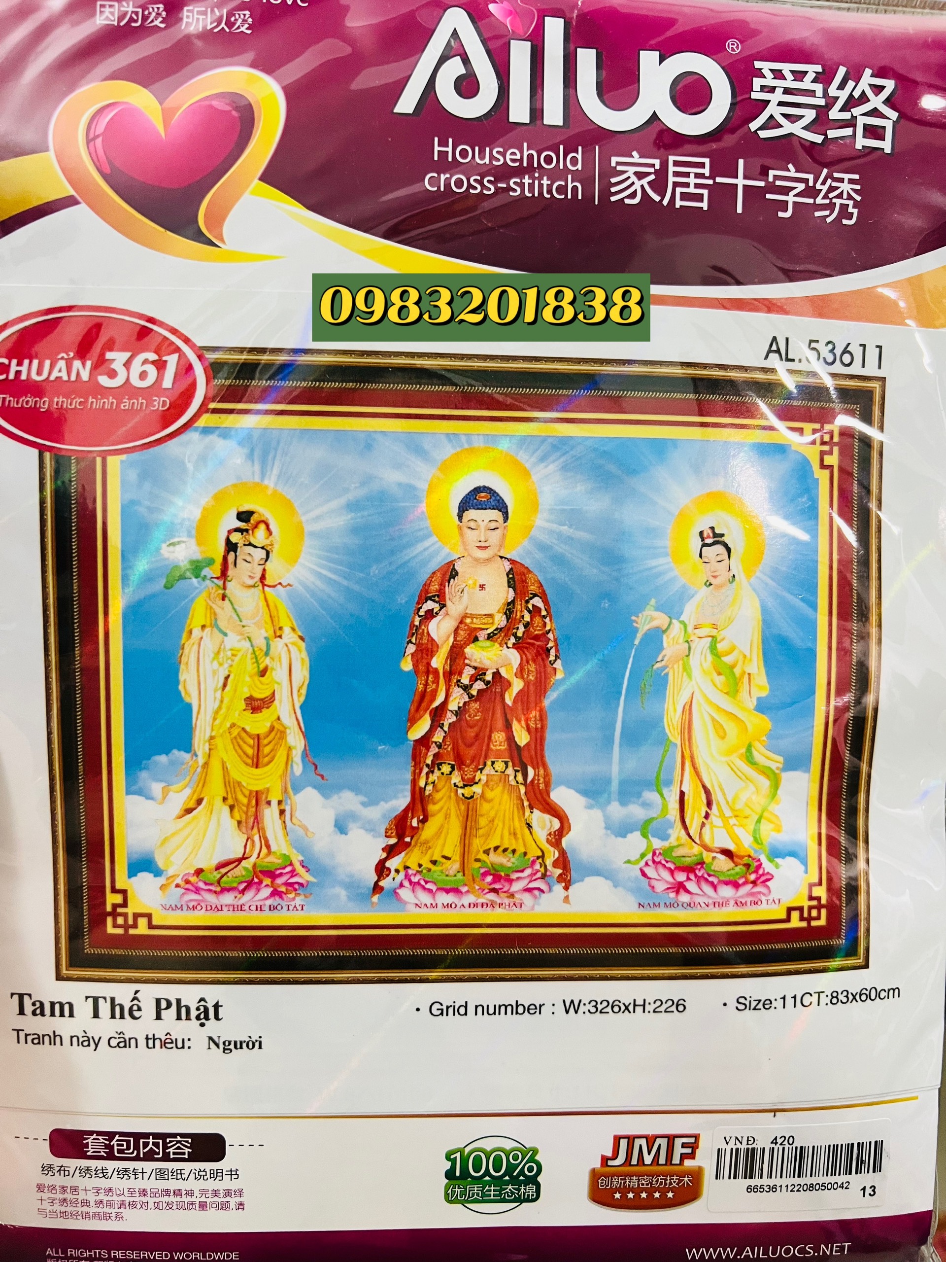 Tranh thêu chữ thập tam thế phật LV3269, kích thước 109 x 76 cm, tranh thêu 3D