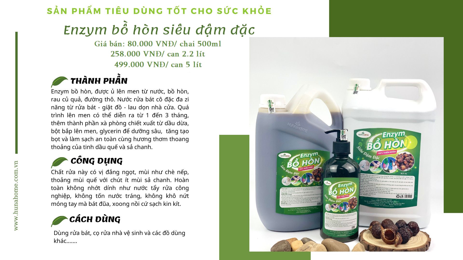 Nước rửa bát Enzyme bồ hòn Huna'shome can 2.2 Lít