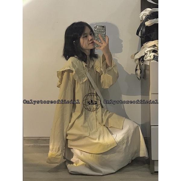Áo sơ mi kiểu màu vàng be và chân váy kaki be xinh xinh