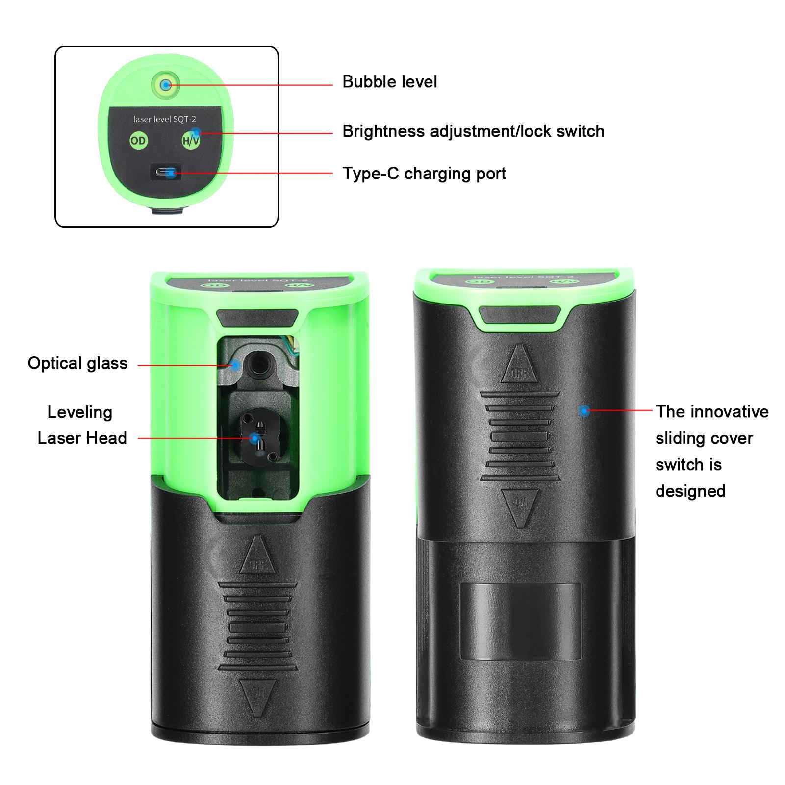 Single-Module Rechargeable Level Machine Mini Green Light 2 Lines Laser Level Home Multifunctional Level Meter Three Levels of Laser Light Brightness Adjustable with Anti-Drop Slide Cover Switch and Level Bubble