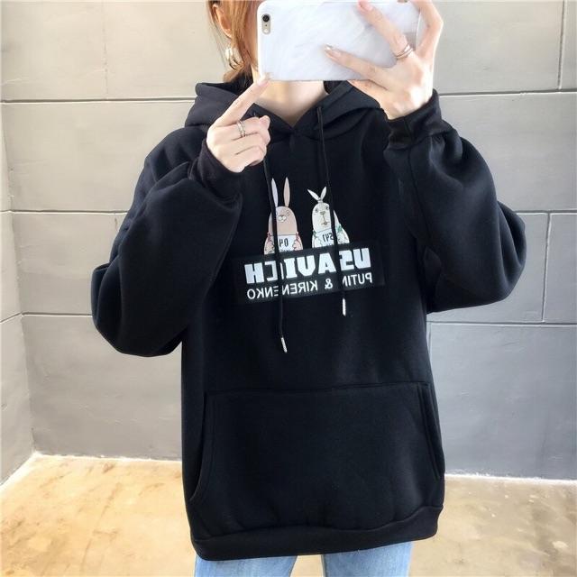 Áo khoác hoodie nam nữ nỉ ngoại form rộng in 2 thỏ ảnh thật