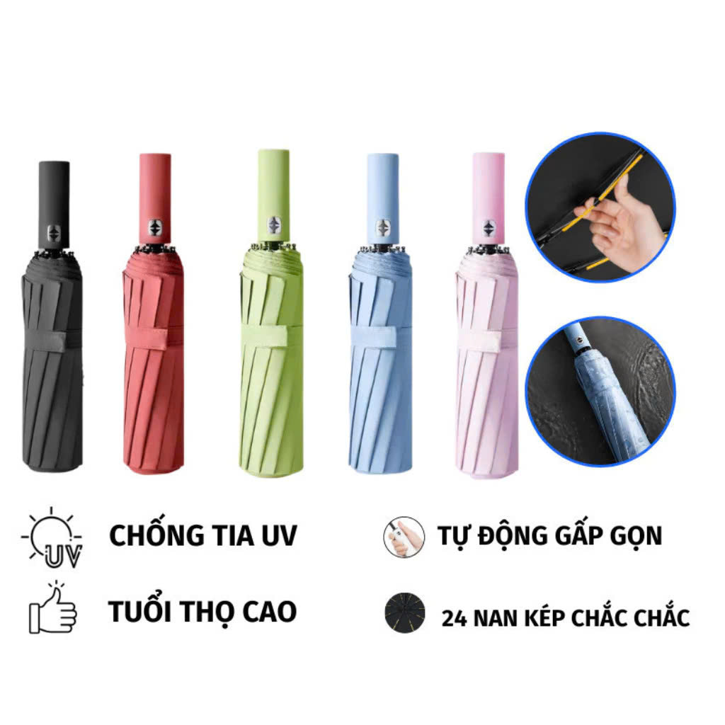 Ô (dù) 24 Xương tự động 2 chiều cao cấp chống UV Ô Dù che nắng, che mưa, có nút bấm hàng chất lượng, dễ thương, thiết kế sang trọng và bền bỉ, có lựa chọn màu sắc, Chống Nắng Cản Tia UV Đóng Mở Khung Nan Cao Cấp