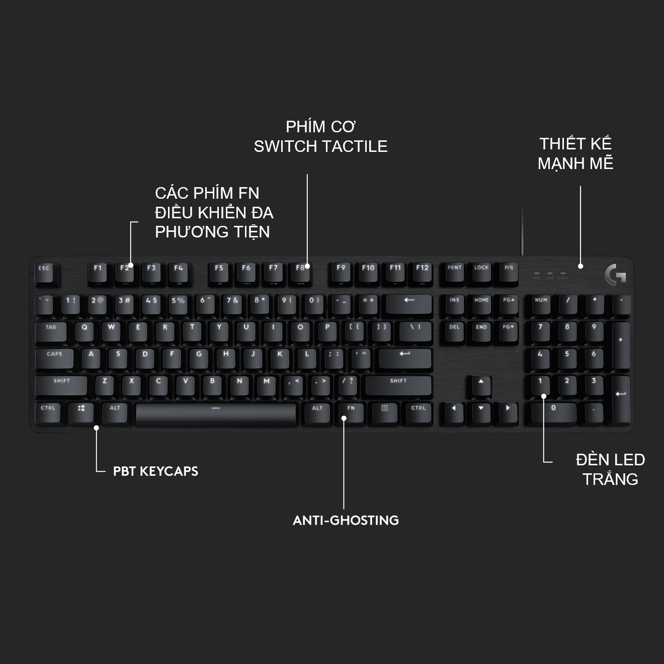 Bàn phím cơ game Logitech G413 TKL SE / G413 SE Full size – Keycap PBT, Switch Tactile, Anti-Ghosting khi nhấn 6 phím cùng lúc, đèn LED trắng -Hàng Chính Hãng