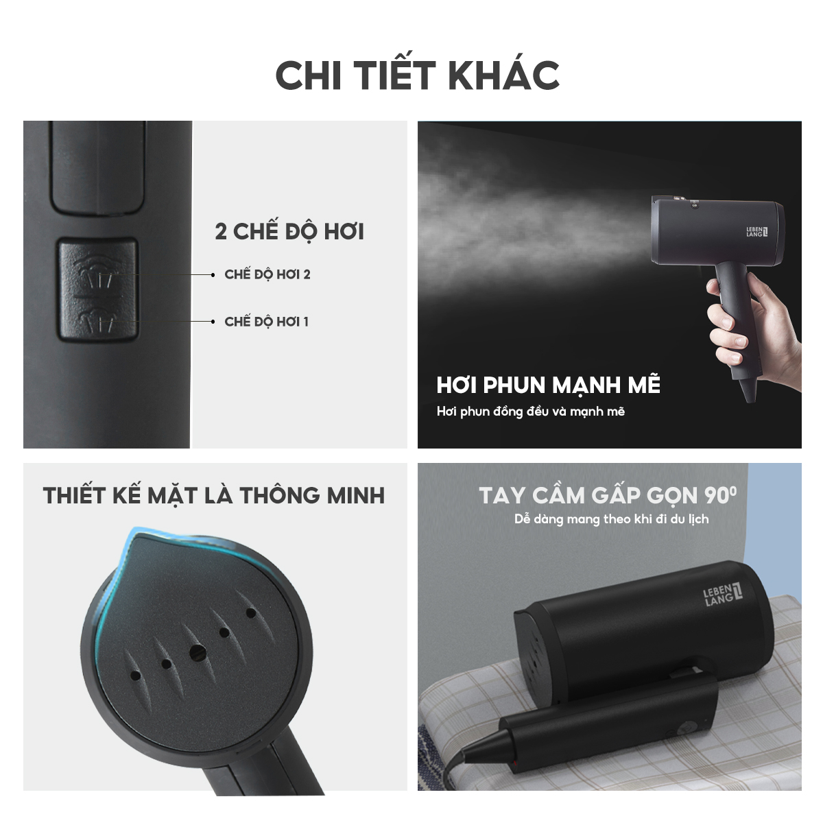 Bàn ủi hơi nước cầm tay Lebenlang LBL3089, bàn là 1200W, 140ml, gấp gọn tiện lợi, tặng kèm túi đựng, bảo hành 2 năm - hàng chính hãng