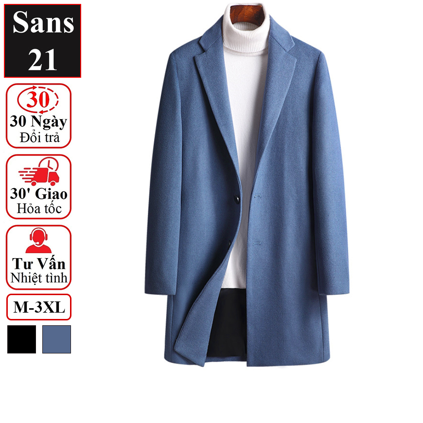 Áo blazer nam lông cừu Sans21 măng tô cao cấp khoác dạ hàn quốc manto choàng ngoài bigsize big size màu đen xanh dương