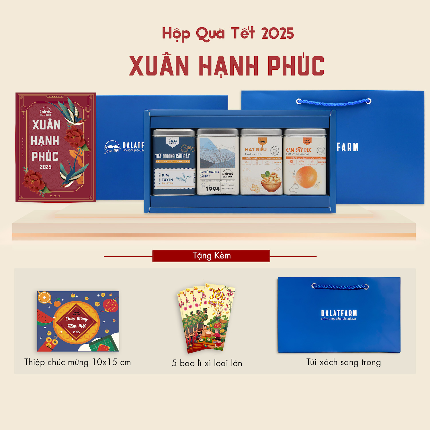 Hộp Quà Xuân Hạnh Phúc (Trà Oolong - Cà Phê Arabica - Mứt Cam - Hạt Điều)