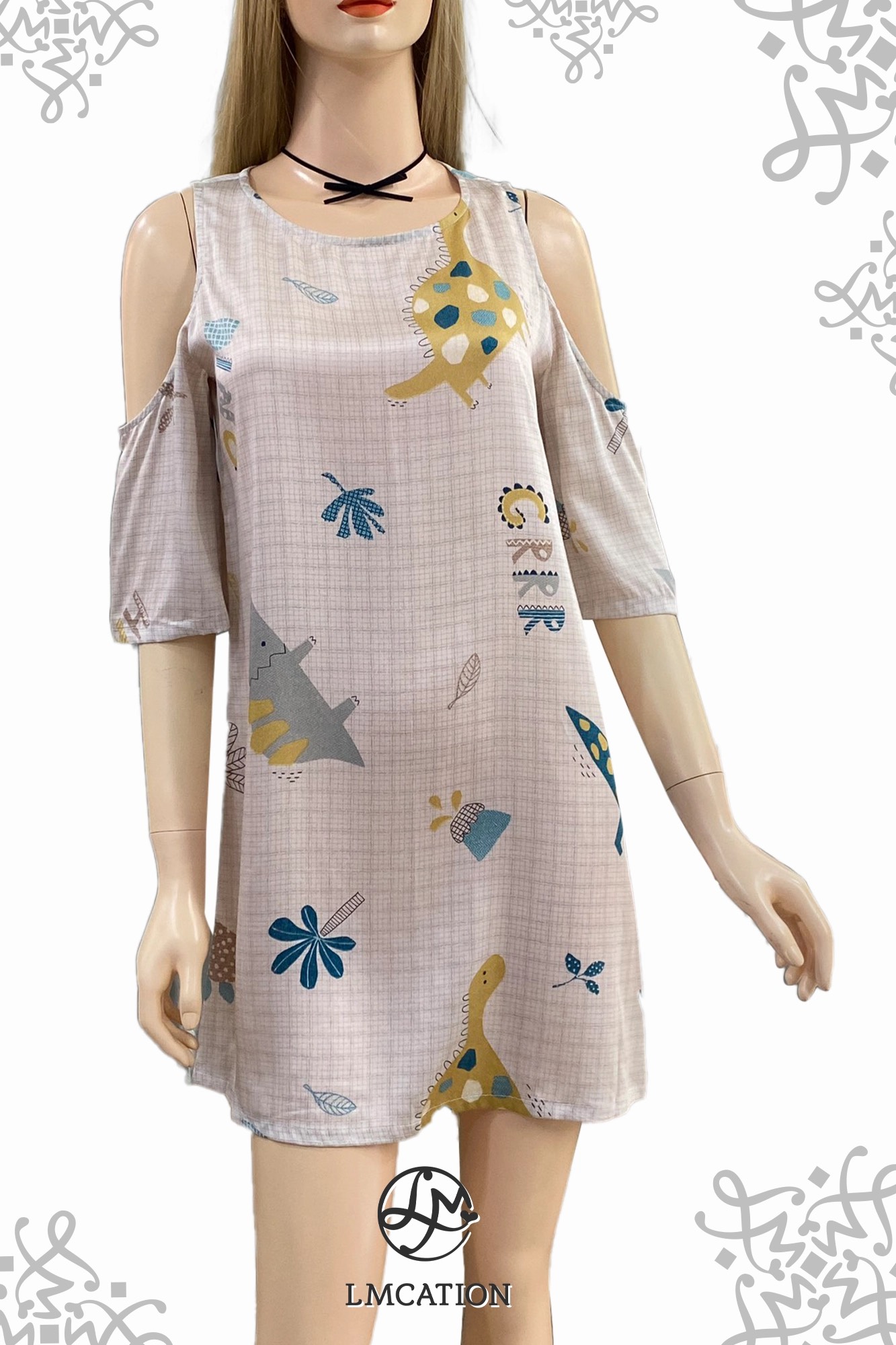 Đầm mặc nhà khoét vai LMcation Tencel - Xanh ngọc hoa văn