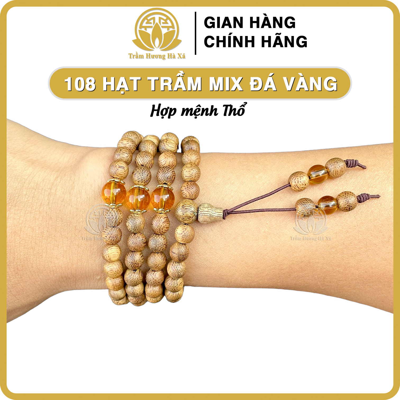 Vòng tay chuỗi tràng 108 hạt phong thủy trầm hương HÀ XÁ đeo tay cặp đôi nam nữ mix đá màu bế đồng mệnh kim mộc thủy hỏa thổ