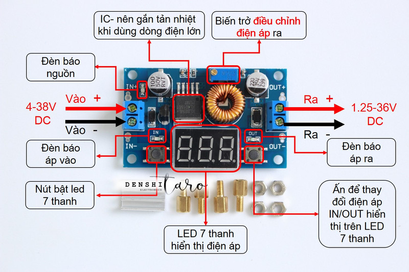 Mạch hạ áp, giảm áp DC-DC 5A 75W XL4015 hiển thị điện áp D00-008