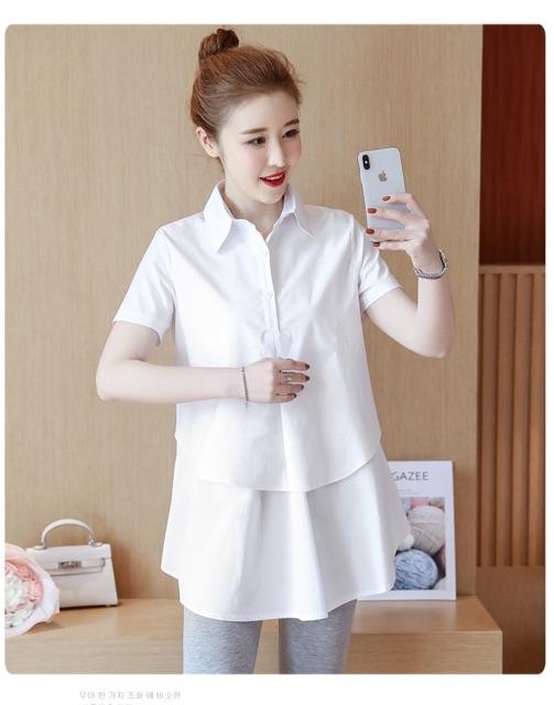 Sơ mi bầu hàng thiết kế màu xanh và trắng