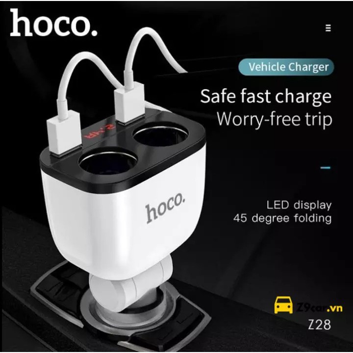 Củ sạc nhanh dùng cho xe hơi Hoco Power Ocean 2 cổng tẩu sạc, 2 cổng sạc USB có đồng hồ - Hàng chính hãng