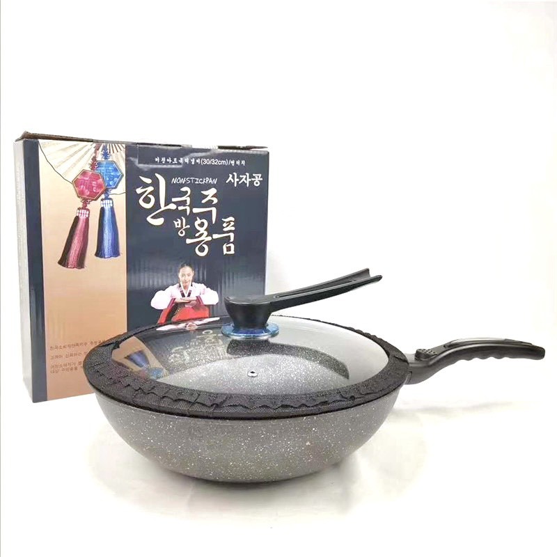 Chảo Chống Dính Siêu Bền Sâu Lòng Đá Hàn Quốc Có Nắp Kính Size 32cm/30cm (Tặng Thìa Gỗ ) Dùng Cho Mọi Loại Bếp