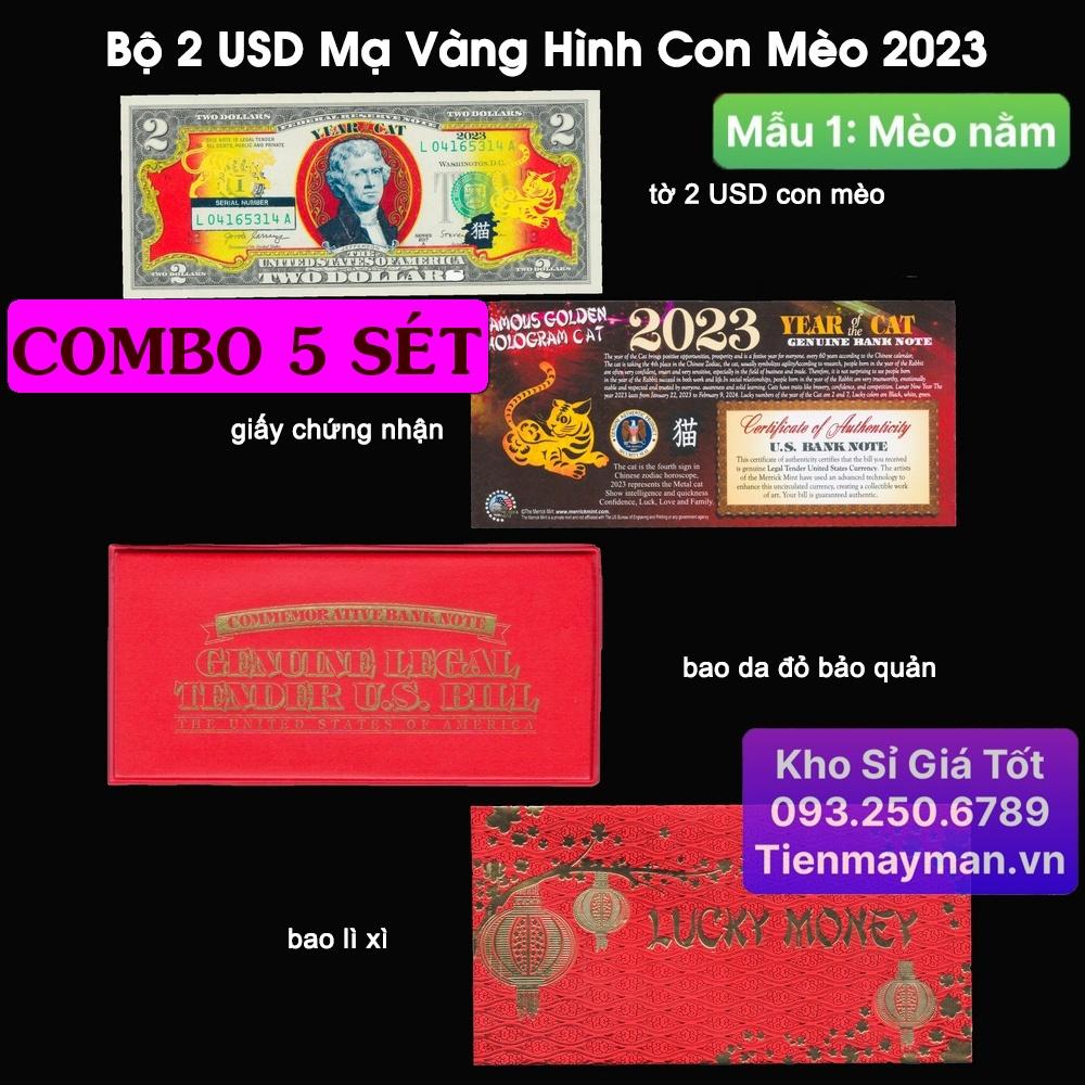 [CÒN HÀNG] (5 BỘ) Bộ Tiền 2 USD In Hình Con Mèo Mạ Vàng Mừng Năm Quý Mão 2023 [MÈO NẰM]