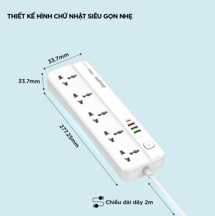 [ Chính Chính Hãng ] Ổ điện đa năng Energizer 5AC kèm 3USB-A và 1USB-C sạc nhanh PD 20W 38W, tải 2500W - BH 12 tháng