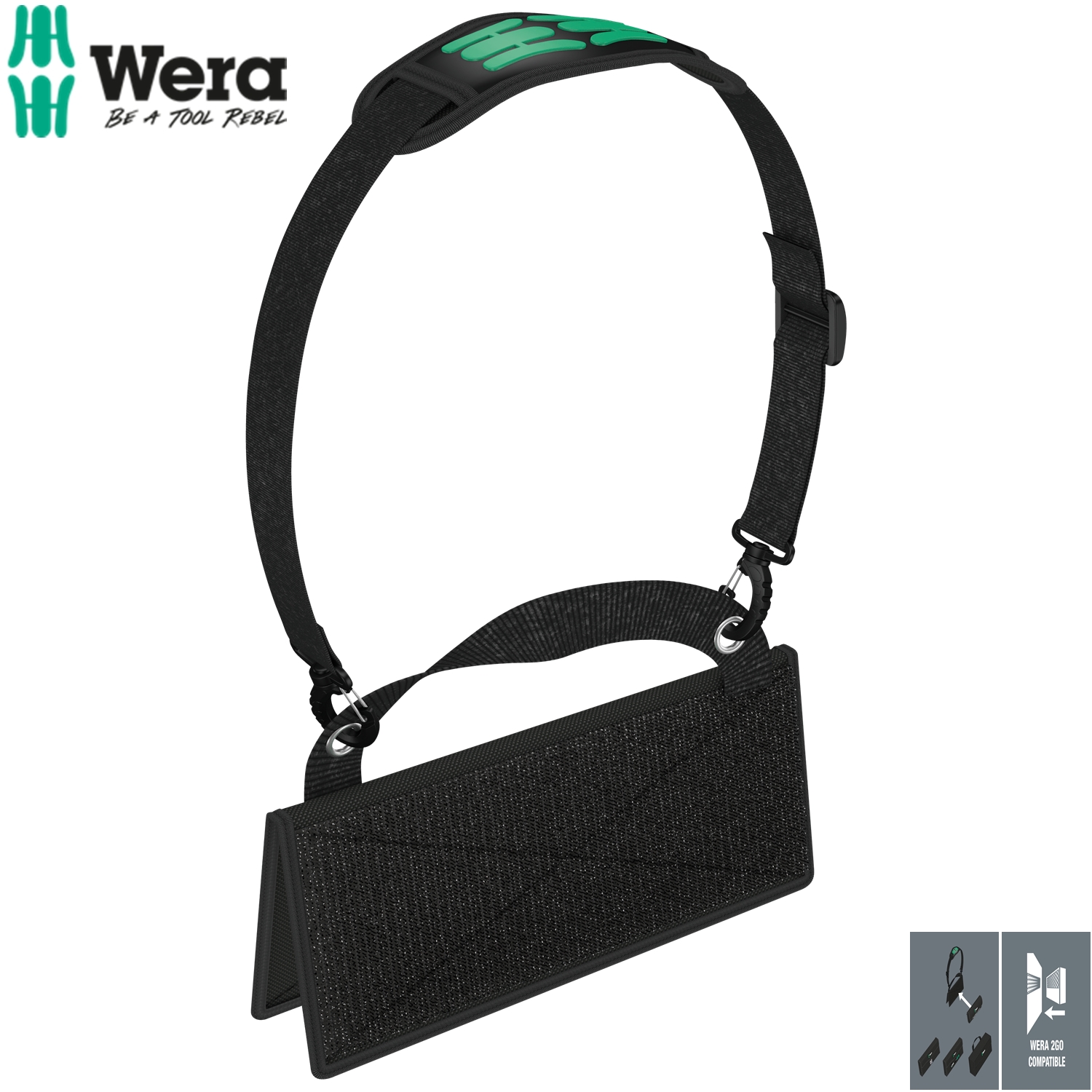 Túi đeo dụng cụ Wera 05004350001 Wera 2go 1 Tool Carrier để đeo di động các túi vải dụng cụ Wera gồm dây đeo vai có thể điều chỉnh và hệ thồng đàn móc kẹp hộp dụng