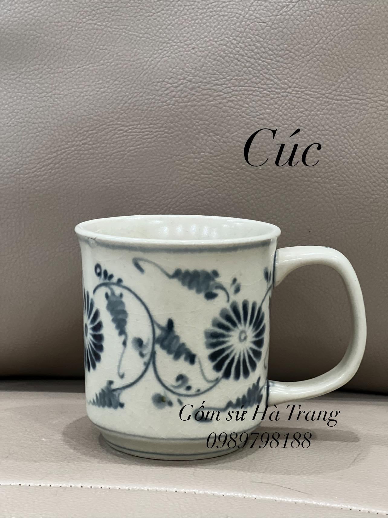 Cốc sứ Bát Tràng dung tích 250ml men rạn vẽ tay xuất dư hoạ tiết cúc