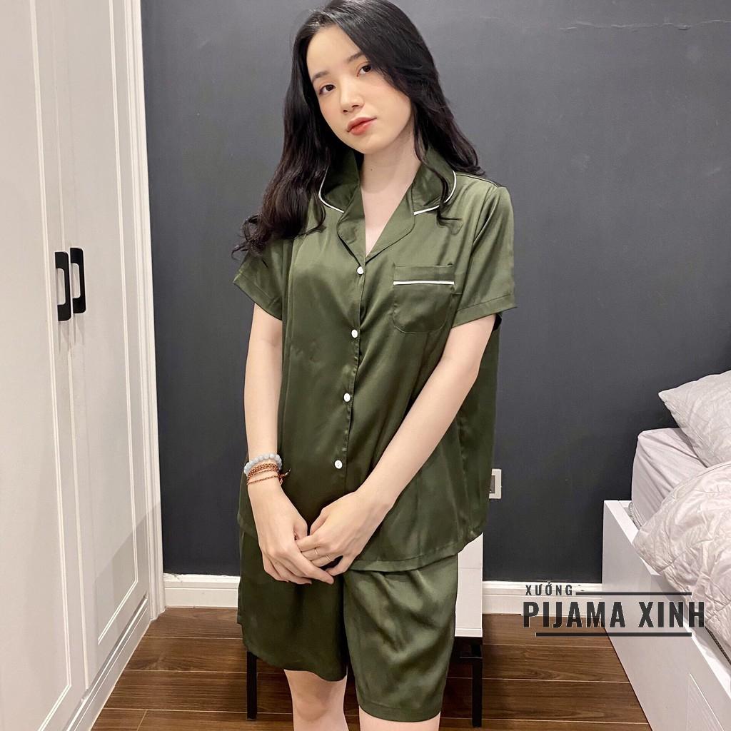 Bộ Pyjama lụa - Chất lụa Latin trơn Màu Xanh Rêu mềm mịn siêu mát Bộ cộc quần đùi