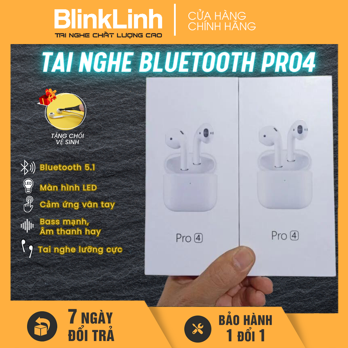 Tai Nghe Bluetooth Pro4 Không Dây chống nước chống ồn, cảm ứng 1 chạm, micro rõ, kết nối nhanh, bắt xa hơn 10m, Định vị, Đổi Tên