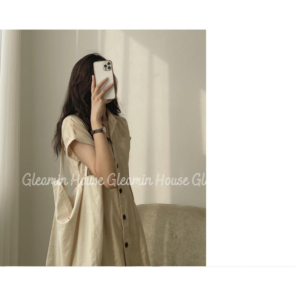 Váy đũi/thô mát túi ngực cổ đức 1 hàng cúc /Đầm linen cổ sơmi suông 3 màu