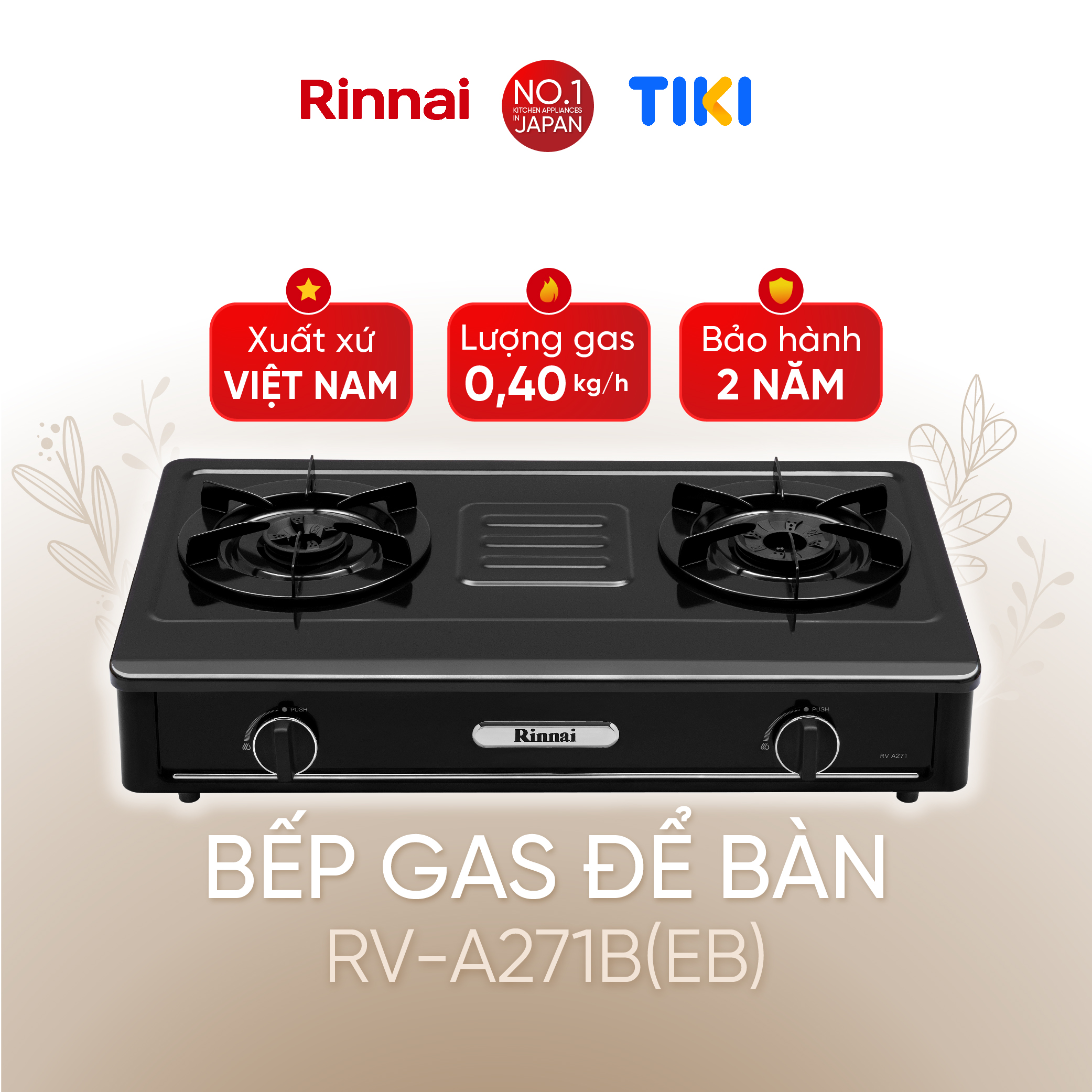 Bếp gas dương Rinnai RV-A271B(EB) mặt bếp men và kiềng bếp men - Hàng chính hãng.