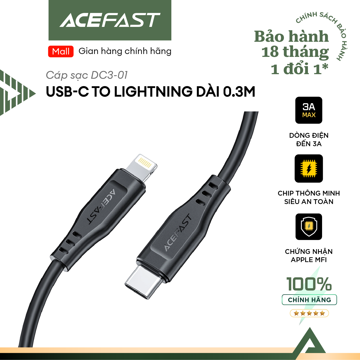 Cáp Acefast USB-C to Light.ning dài 0.3m - DC3-01 Hàng chính hãng Acefast