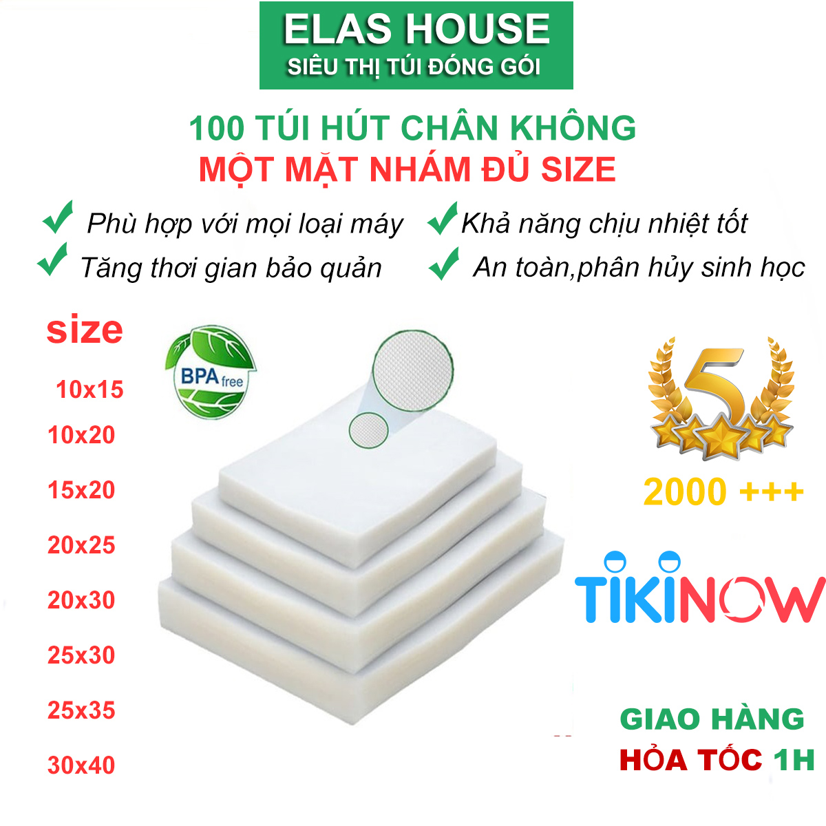 Túi hút chân không 1 mặt nhám, Bộ 100 túi hút chân không thực phẩm cao cấp một mặt nhám, đủ size