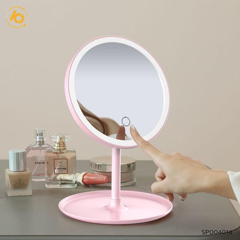 Gương để bàn trang điểm SHOP10K, Gương đèn led cảm ứng mẫu tròn xoay chiều 360 độ