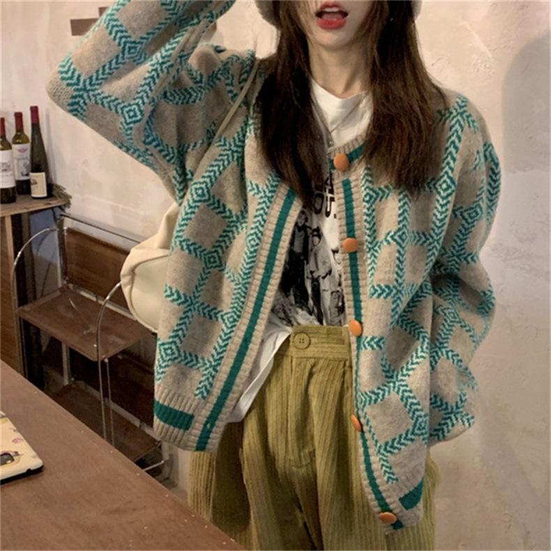 Áo khoác len cardigan nữ cổ tròn dài tay hoạt tiết caro kẻ vuông basic retro kiểu Hàn Quốc Quảng Châu chất đẹp D-6
