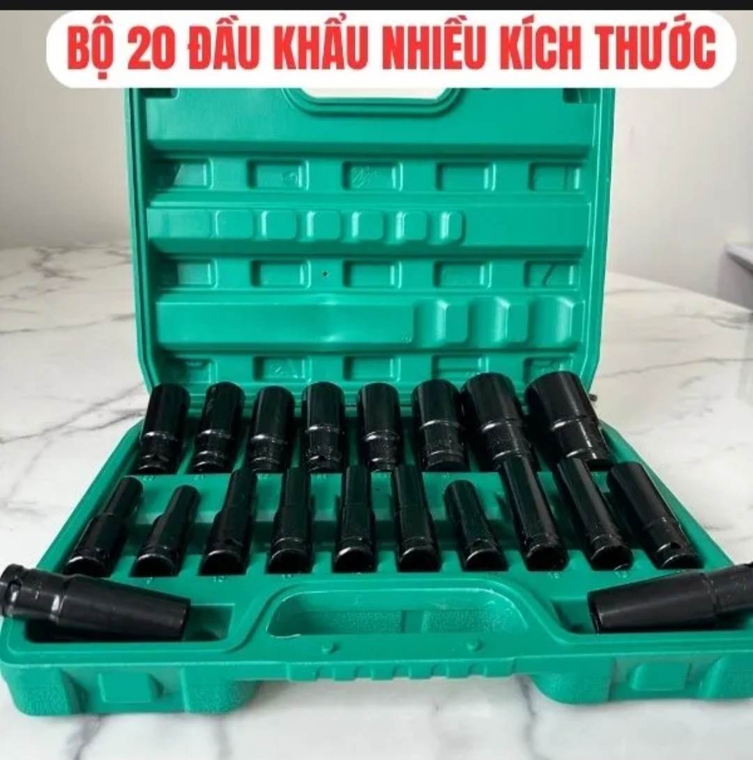 Bộ khẩu 20 chi tiết, đầu tuýp 1/2 - Dùng cho máy siết Bulong, Bộ 20 đầu khẩu thép cao cấp, chống gỉ, chống vỡ