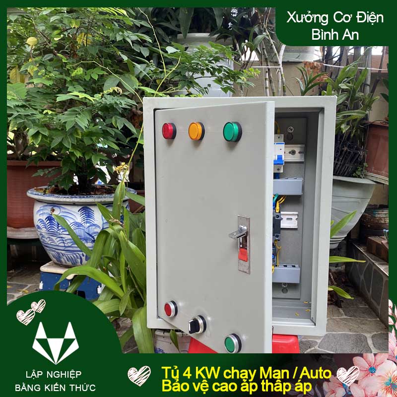 Tủ điều khiển động cơ 4KW chạy 2 chế độ man và auto có chế độ chống cao áp, thấp áp quá dòng đảo pha