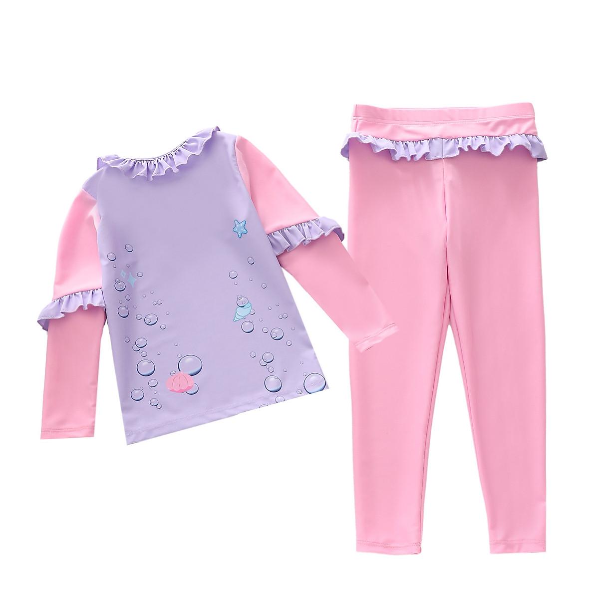 Set đồ bơi 2 chi tiết gồm áo bơi dài tay và quần dài cho bé gái nàng tiên cá tím phối bèo xinh xắn