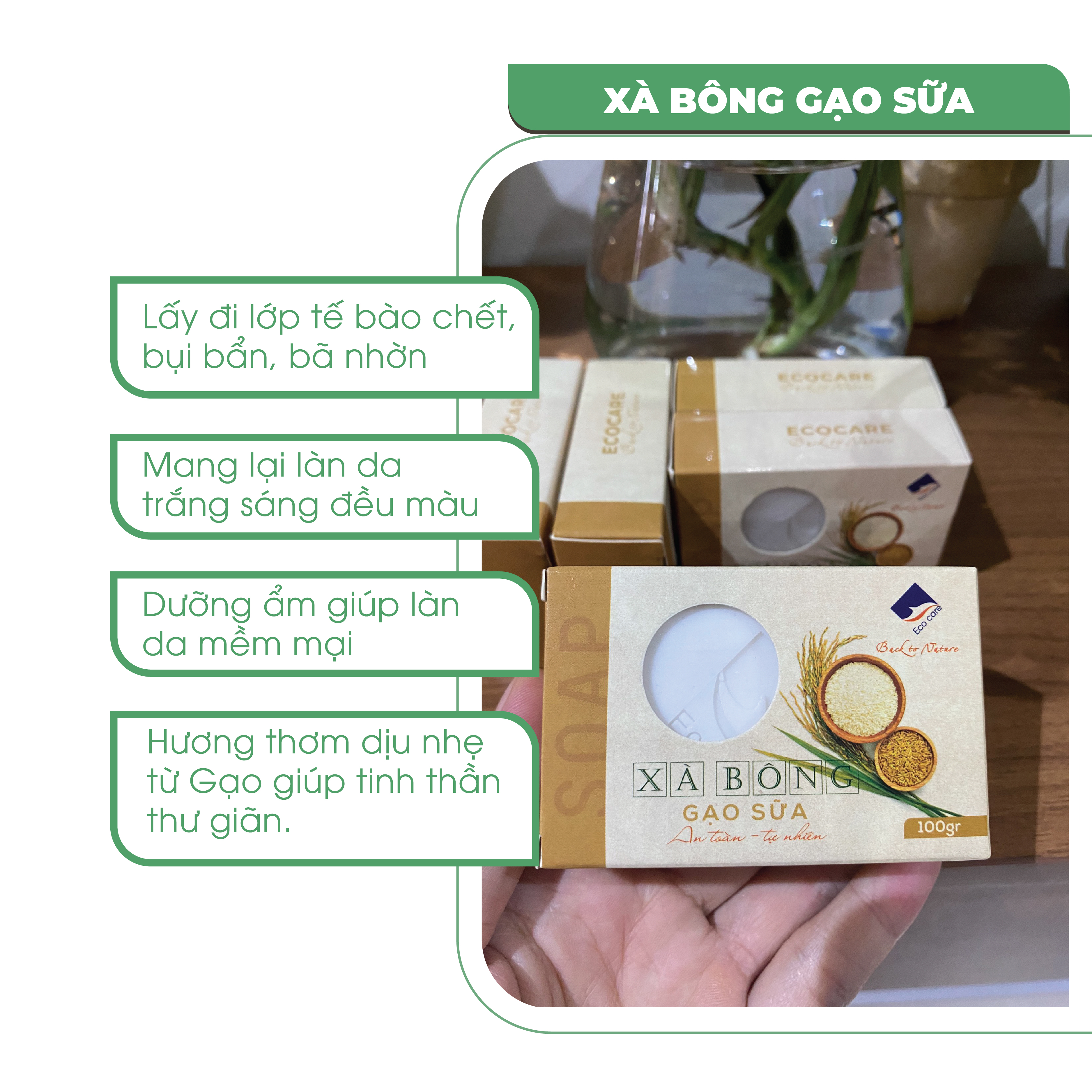 Xà Phòng Chiết Xuất Gạo Sữa ECOCARE 100g Thành Phần Hữu Cơ Tự Nhiên, Xà Bông Giúp Sáng Da, Dưỡng Ẩm Hiệu Quả Và An Toàn