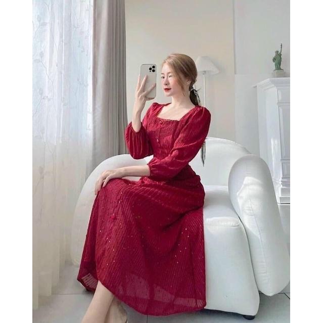 Đầm Maru màu đỏ dáng dài cột nơ dễ thương duyên dáng