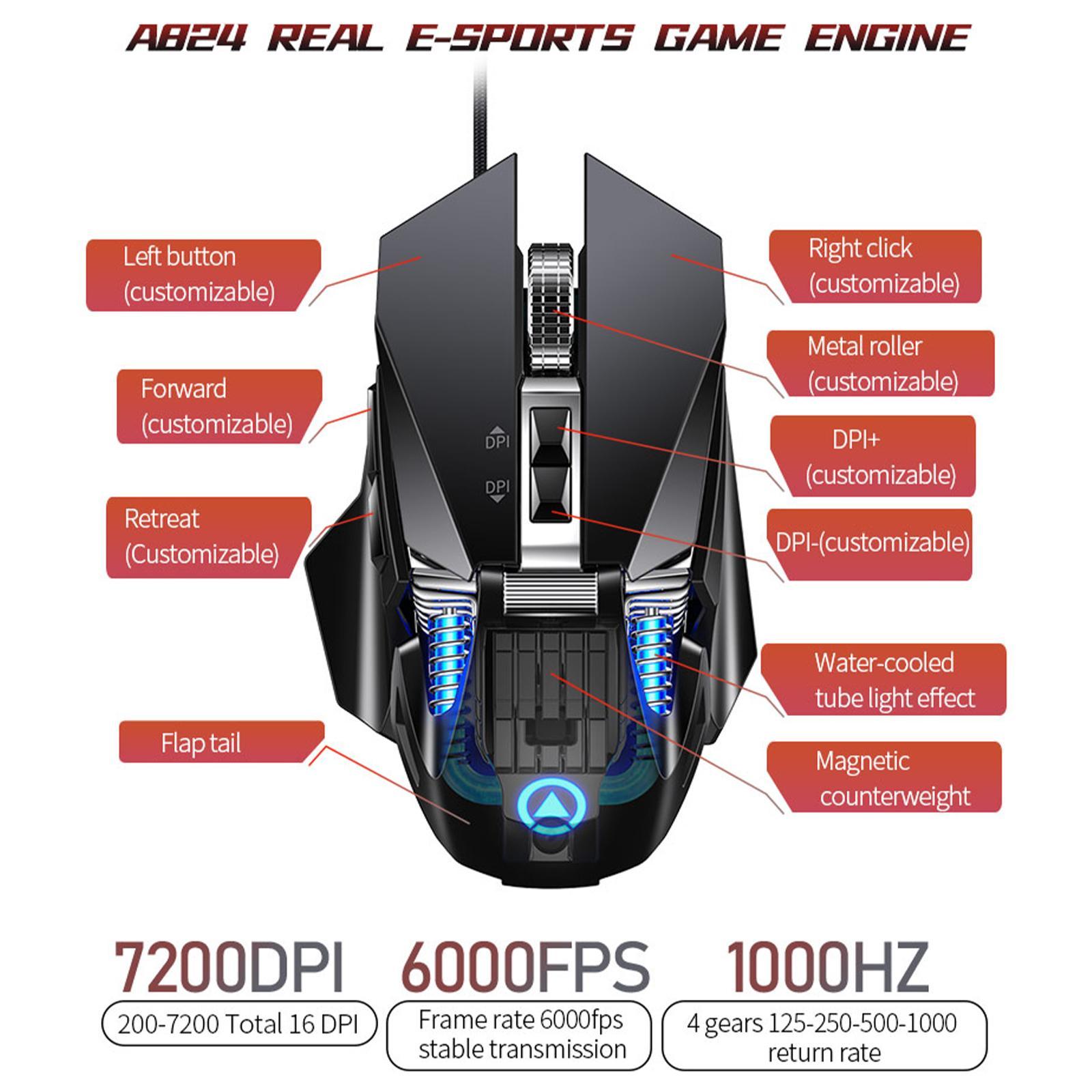 Mechanical Gaming Mouse Wired Adjustable DPI up to 7200 Dynamic Lighting Full Keys 7 Buttons Optical Mouse for PC Notebook Ergonomic Mice