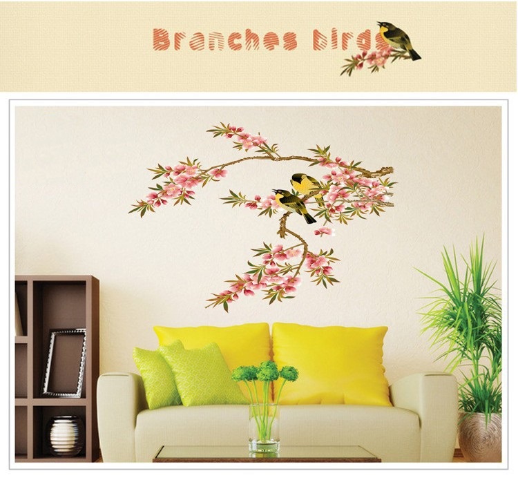 Decal trang trí tết combo cành đào yến hỷ + sơn thủy Á Đông