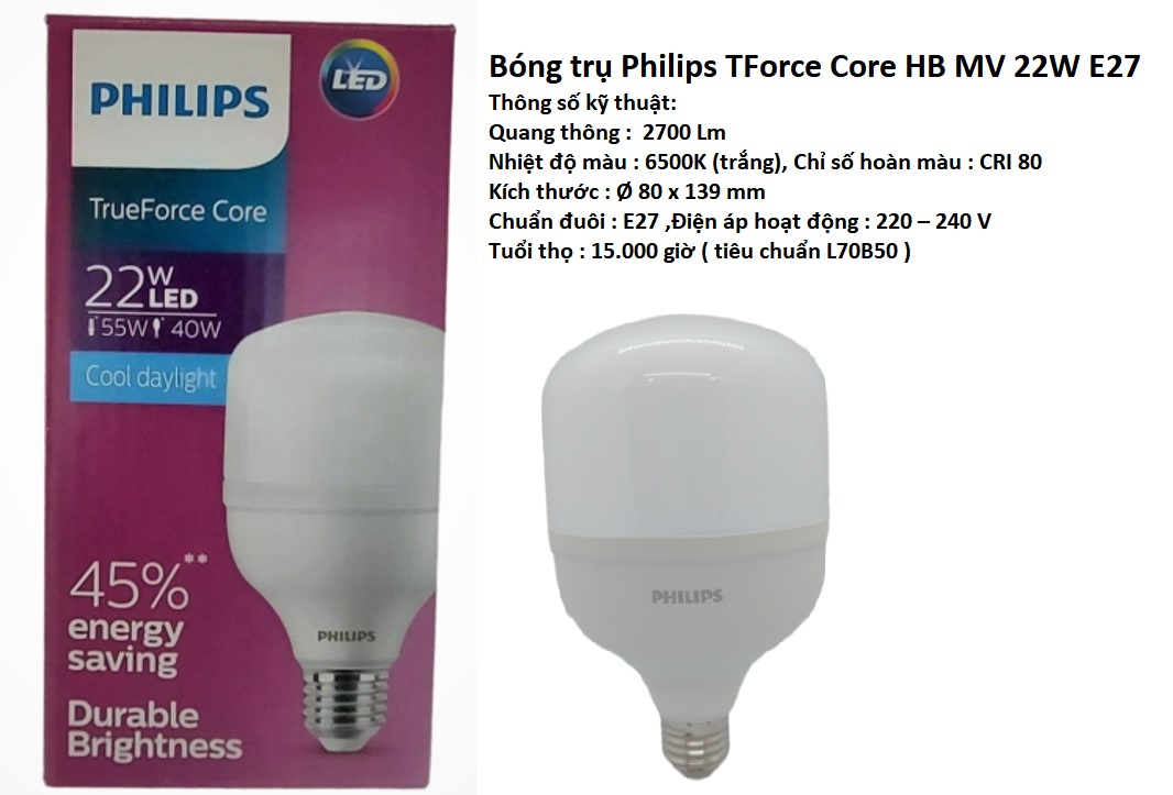 Bóng bulb trụ PHILIPS Tforce Core G3 (Thế hệ mới)- Hi Lumen (22W,30W,40W,50W)