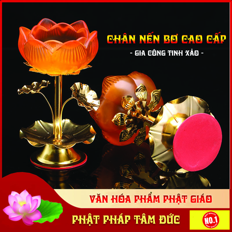 Bộ đèn chân nến bơ hình hoa sen hợp kim đồng cao cấp, sang trọng - Tặng kèm nến bơ