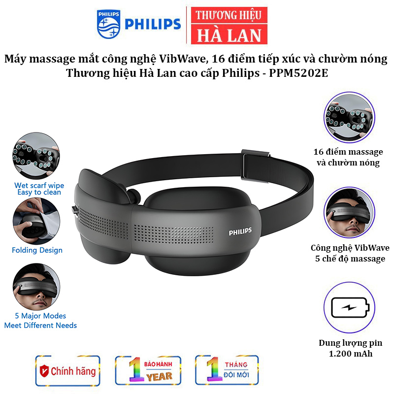 Máy massage mắt công nghệ VibWave, 16 điểm tiếp xúc và chườm nóng. Thương hiệu Hà Lan cao cấp Philips - PPM5202E