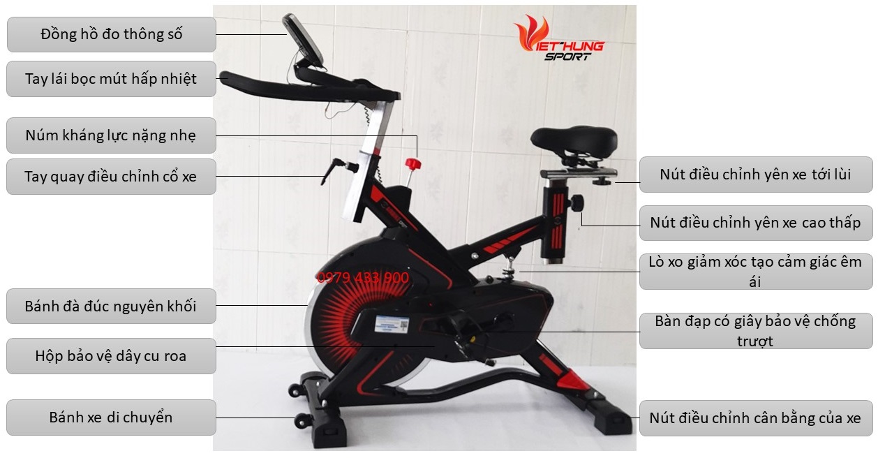 Xe Đạp Tập Thể Dục AIRBIKE SPORT-291 Màu đen đỏ có đồng hồ đo nhịp tim thời gian quãng đường calori.