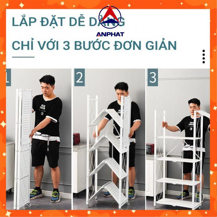 Kệ sắt gập gọn đa năng 3/4/5 tầng có bánh xe cho phòng bếp, phòng sách, phòng tắm