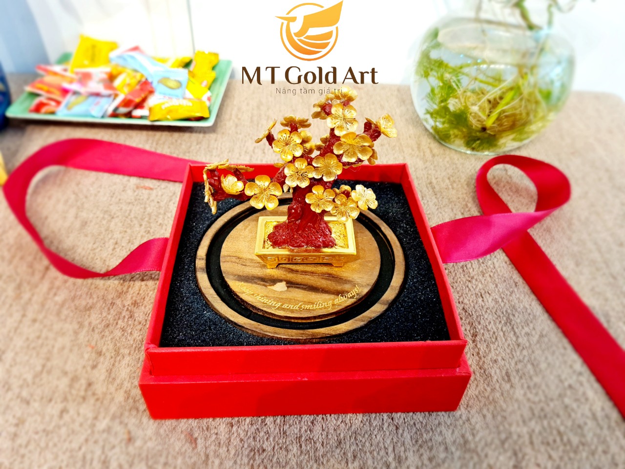 chậu hoa mai ngũ phúc dát vàng (11x11x15cm) MT Gold Art- Hàng chính hãng, trang trí nhà cửa, phòng làm việc, quà tặng sếp, đối tác, khách hàng, tân gia, khai trương