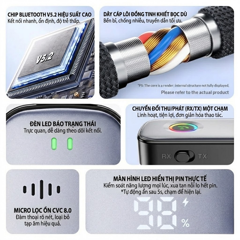 BỘ THU PHÁT BLUETOOTH 5.2 RX/TX ĐA NĂNG – MÀN HÌNH LED HIỂN THỊ PIN A6 PRO - Hàng Nhập Khẩu
