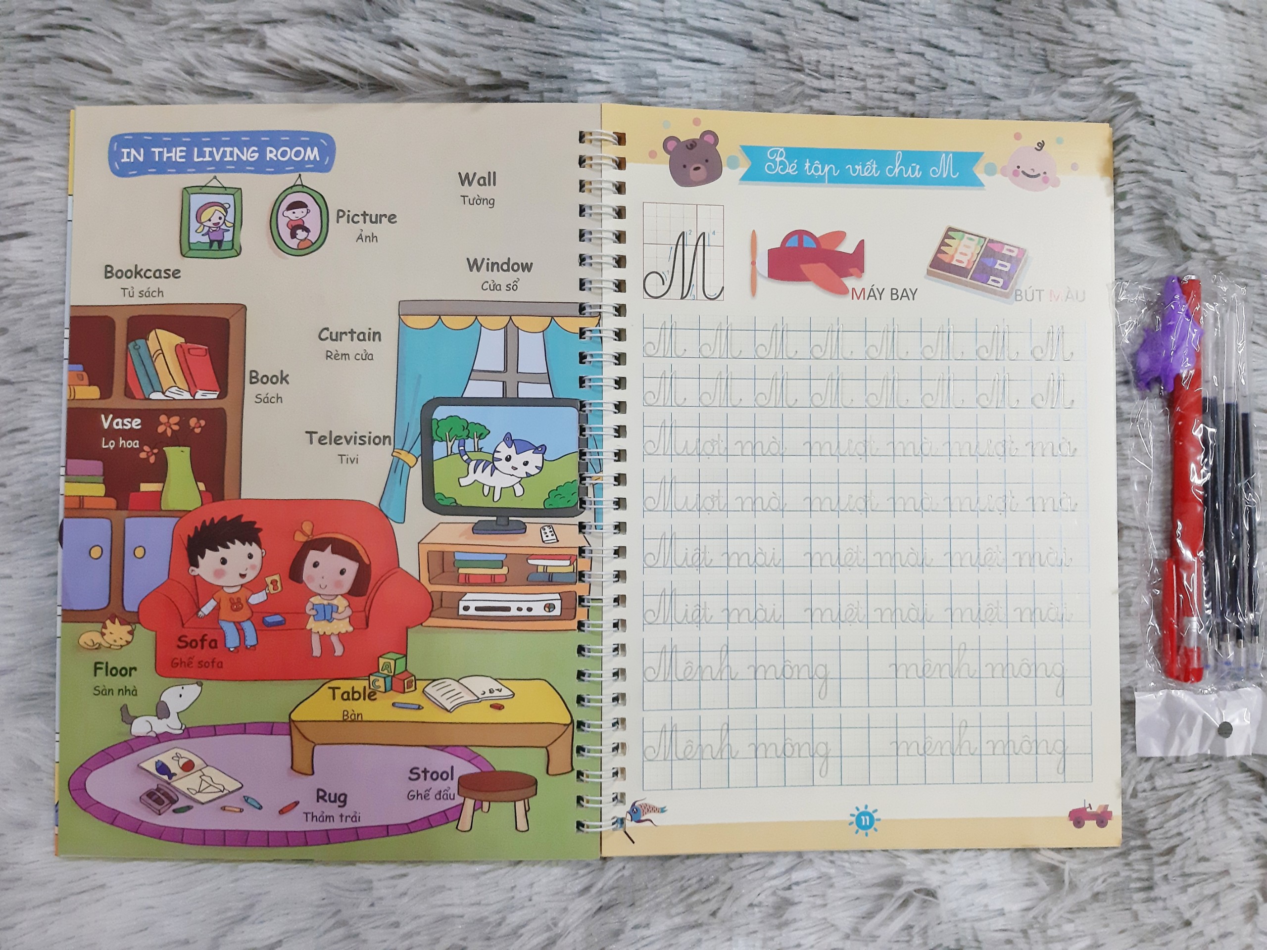 Vở luyện chữ hoa, chữ ghép và học tiếng anh